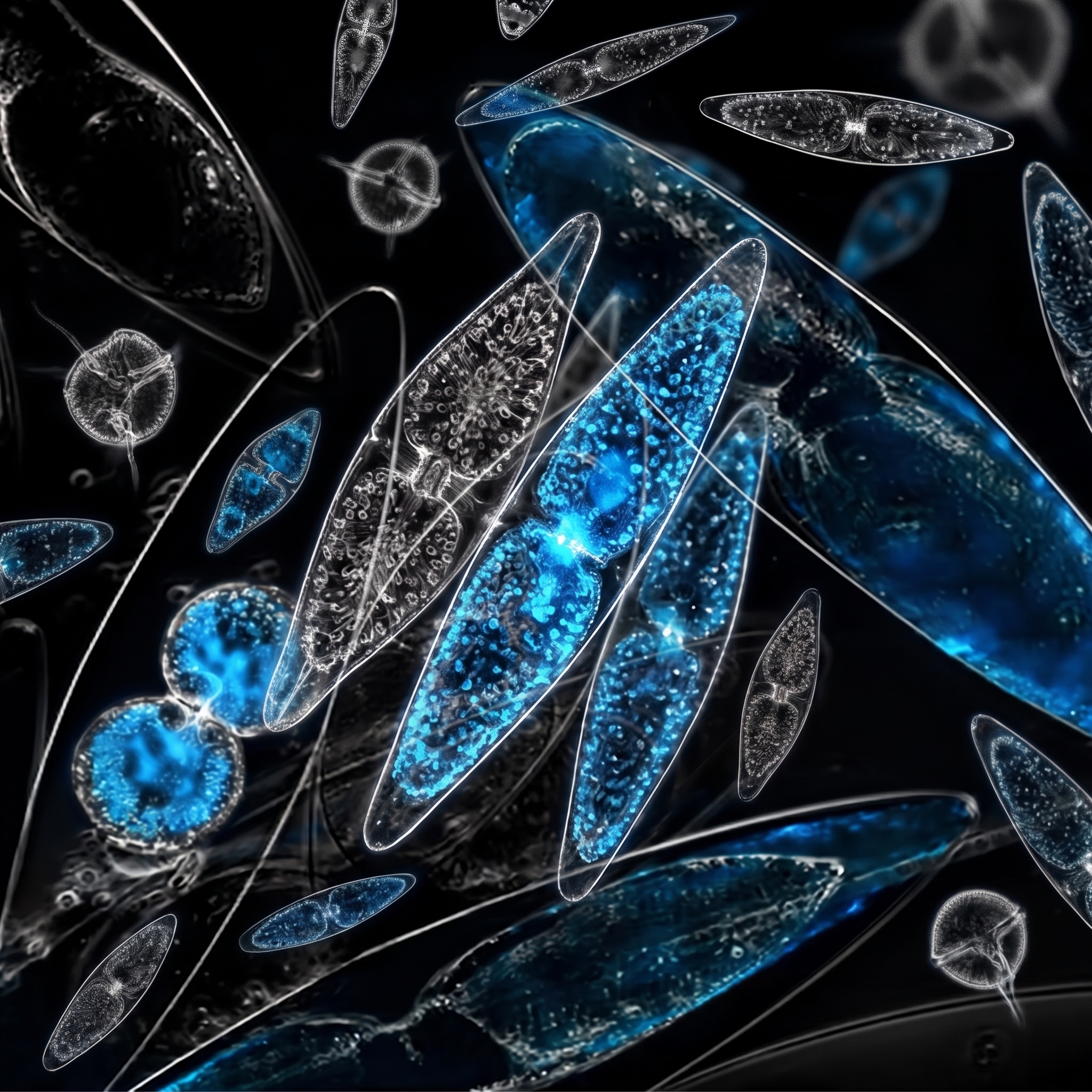 Artistic illustration of translucent plankton glowing blue against a black background